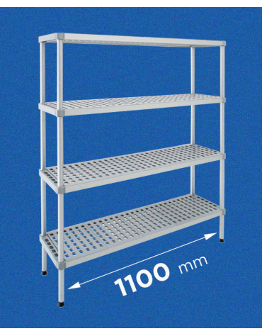 Scaffale per alimenti con montanti in alluminio e 4 ripiani forati in polietilene - cm 110x30x160h - Portata Kg 200 per piano