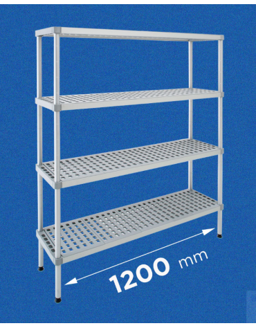 Scaffale per alimenti con montanti in alluminio e 4 ripiani forati in polietilene - cm 120x30x160h - Portata Kg 200 per piano