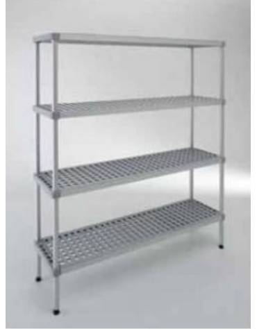 Scaffale per alimenti con montanti in alluminio e 4 ripiani forati in polietilene - cm 120x30x160h - Portata Kg 200 per piano