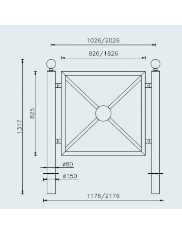 Barriera completa in tubolare acciaio zincato e verniciato con nr. 2 supporti di testa da inghisare - cm 117,6x131,7h