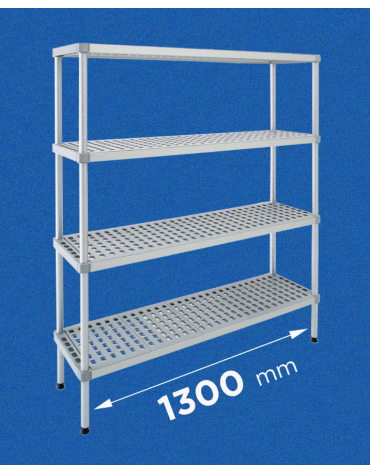 Scaffale per alimenti con montanti in alluminio e 4 ripiani forati in polietilene - cm 130x30x160h - Portata Kg 200 per piano