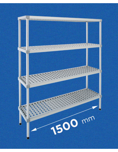 Scaffale per alimenti con montanti in alluminio e 4 ripiani forati in polietilene - cm 150x30x160h - Portata Kg 200 per piano