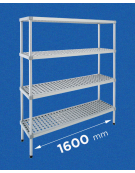 Scaffale per alimenti con montanti in alluminio e 4 ripiani forati in polietilene - cm 160x30x160h - Portata Kg 150 per piano