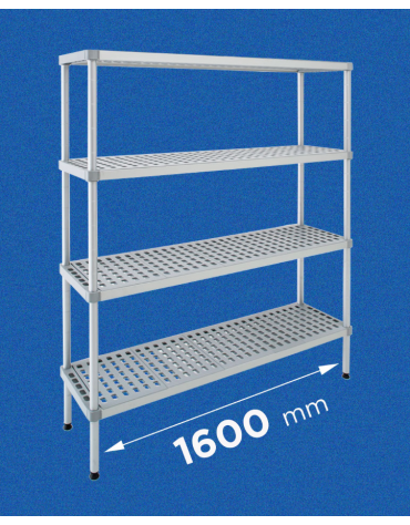 Scaffale per alimenti con montanti in alluminio e 4 ripiani forati in polietilene - cm 160x30x160h - Portata Kg 150 per piano