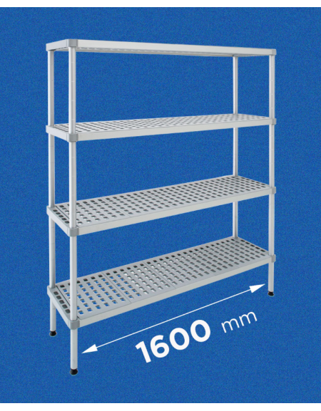 Scaffale per alimenti con montanti in alluminio e 4 ripiani forati in polietilene - cm 160x30x160h - Portata Kg 150 per piano