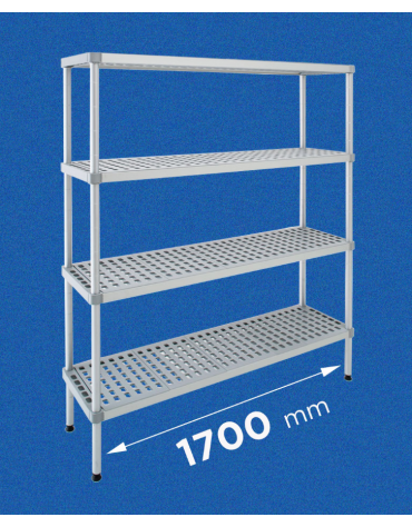 Scaffale per alimenti con montanti in alluminio e 4 ripiani forati in polietilene - cm 170x30x160h - Portata Kg 150 per piano