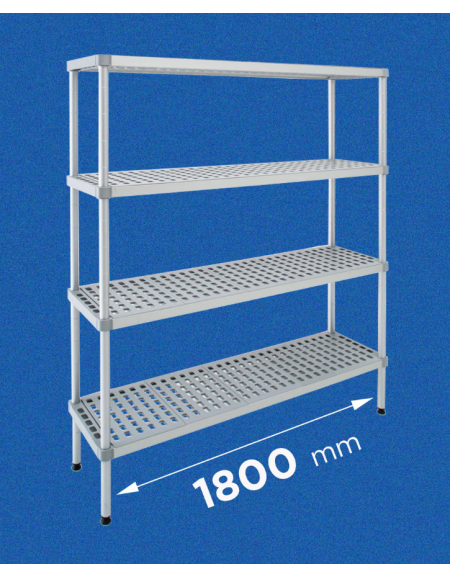 Scaffale per alimenti con montanti in alluminio e 4 ripiani forati in polietilene - cm 180x30x160h - Portata Kg 150 per piano