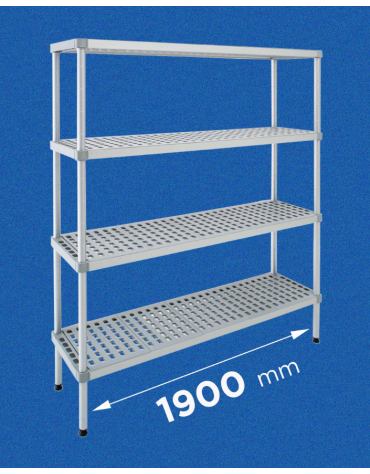 Scaffale per alimenti con montanti in alluminio e 4 ripiani forati in polietilene - cm 190x30x160h - Portata Kg 150 per piano