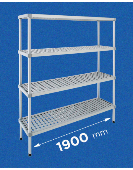 Scaffale per alimenti con montanti in alluminio e 4 ripiani forati in polietilene - cm 190x30x160h - Portata Kg 150 per piano