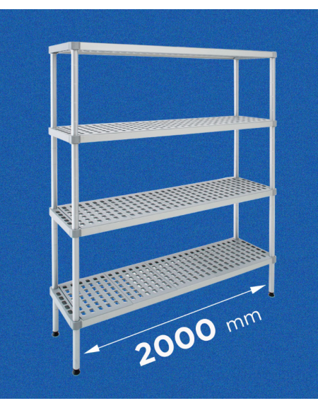 Scaffale per alimenti con montanti in alluminio e 4 ripiani forati in polietilene - cm 200x30x160h - Portata Kg 150 per piano