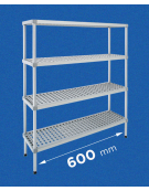 Scaffale per alimenti con montanti in alluminio e 4 ripiani forati in polietilene - cm 60x30x180h - Portata Kg 270 per piano