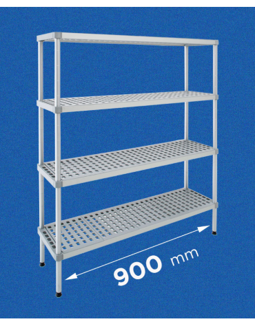 Scaffale per alimenti con montanti in alluminio e 4 ripiani forati in polietilene - cm 90x30x180h - Portata Kg 270 per piano