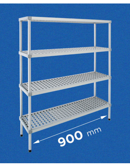 Scaffale per alimenti con montanti in alluminio e 4 ripiani forati in polietilene - cm 90x30x180h - Portata Kg 270 per piano