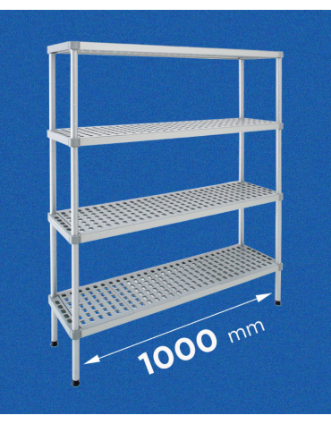 Scaffale per alimenti con montanti in alluminio e 4 ripiani forati in polietilene - cm 100x30x180h - Portata Kg 270 per piano
