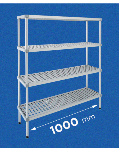 Scaffale per alimenti con montanti in alluminio e 4 ripiani forati in polietilene - cm 100x30x180h - Portata Kg 270 per piano