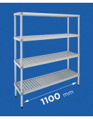 Scaffale per alimenti con montanti in alluminio e 4 ripiani forati in polietilene - cm 110x30x180h - Portata Kg 200 per piano