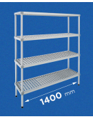 Scaffale per alimenti con montanti in alluminio e 4 ripiani forati in polietilene - cm 140x30x180h - Portata Kg 200 per piano