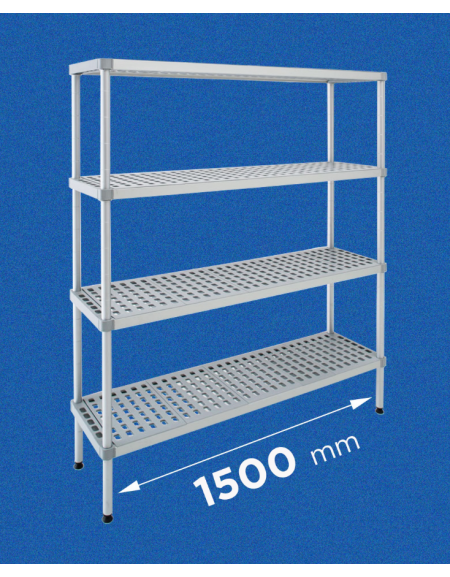 Scaffale per alimenti con montanti in alluminio e 4 ripiani forati in polietilene - cm 150x30x180h - Portata Kg 200 per piano