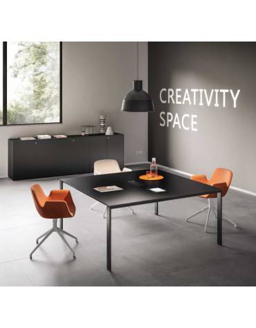 Tavolo riunione quadrato con piano in vetro colore Blu,Moka o Nero-Gambe in acciaio colore Bianco,Nero o Alluminio-cm 160x164x73