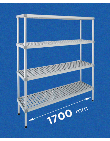 Scaffale per alimenti con montanti in alluminio e 4 ripiani forati in polietilene - cm 170x30x180h - Portata Kg 150 per piano