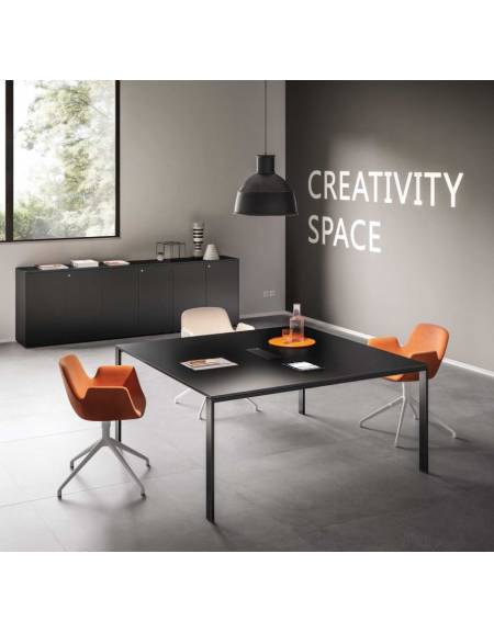 Tavolo riunione quadrato con piano in vetro colore Blu,Moka o Nero-Gambe in acciaio colore Bianco,Nero o Alluminio-cm 120x124x73