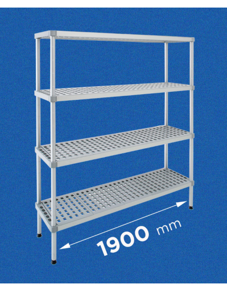 Scaffale per alimenti con montanti in alluminio e 4 ripiani forati in polietilene - cm 190x30x180h - Portata Kg 150 per piano