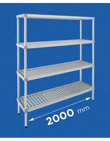 Scaffale per alimenti con montanti in alluminio e 4 ripiani forati in polietilene - cm 200x30x180h - Portata Kg 150 per piano