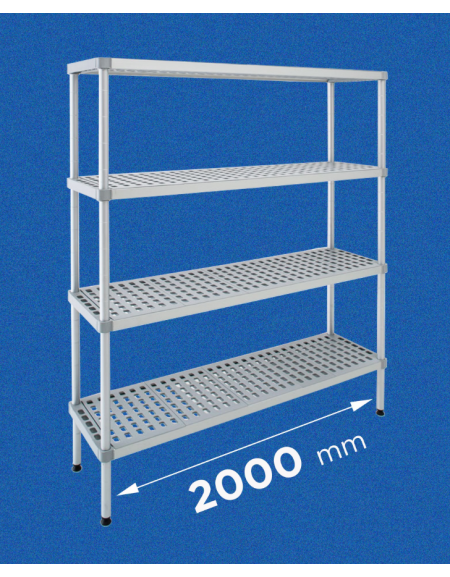 Scaffale per alimenti con montanti in alluminio e 4 ripiani forati in polietilene - cm 200x30x180h - Portata Kg 150 per piano