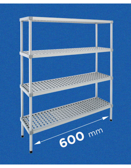 Scaffale per alimenti con montanti in alluminio e 4 ripiani forati in polietilene - cm 60x30x200h - Portata Kg 270 per piano