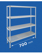 Scaffale per alimenti con montanti in alluminio e 4 ripiani forati in polietilene - cm 70x30x200h - Portata Kg 270 per piano