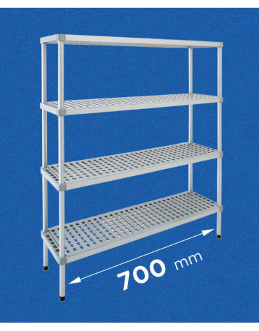 Scaffale per alimenti con montanti in alluminio e 4 ripiani forati in polietilene - cm 70x30x200h - Portata Kg 270 per piano