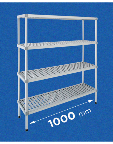 Scaffale per alimenti con montanti in alluminio e 4 ripiani forati in polietilene - cm 100x30x200h - Portata Kg 270 per piano