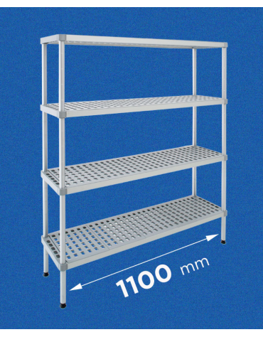 Scaffale per alimenti con montanti in alluminio e 4 ripiani forati in polietilene - cm 110x30x200h - Portata Kg 200 per piano