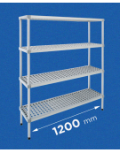 Scaffale per alimenti con montanti in alluminio e 4 ripiani forati in polietilene - cm 120x30x200h - Portata Kg 200 per piano