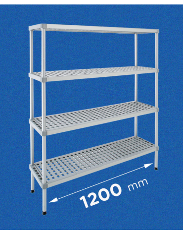 Scaffale per alimenti con montanti in alluminio e 4 ripiani forati in polietilene - cm 120x30x200h - Portata Kg 200 per piano