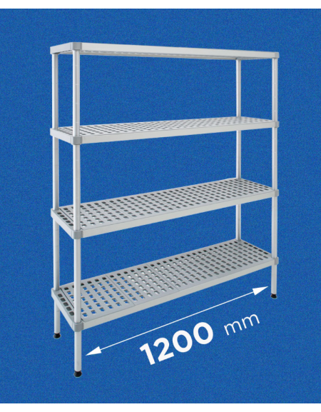 Scaffale per alimenti con montanti in alluminio e 4 ripiani forati in polietilene - cm 120x30x200h - Portata Kg 200 per piano