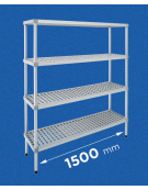 Scaffale per alimenti con montanti in alluminio e 4 ripiani forati in polietilene - cm 150x30x200h - Portata Kg 200 per piano