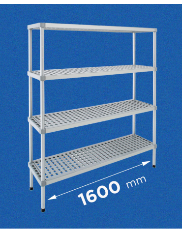Scaffale per alimenti con montanti in alluminio e 4 ripiani forati in polietilene - cm 160x30x200h - Portata Kg 150 per piano