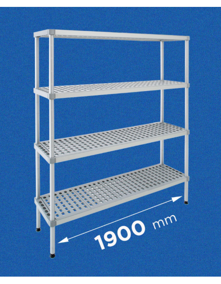 Scaffale per alimenti con montanti in alluminio e 4 ripiani forati in polietilene - cm 190x30x200h - Portata Kg 150 per piano