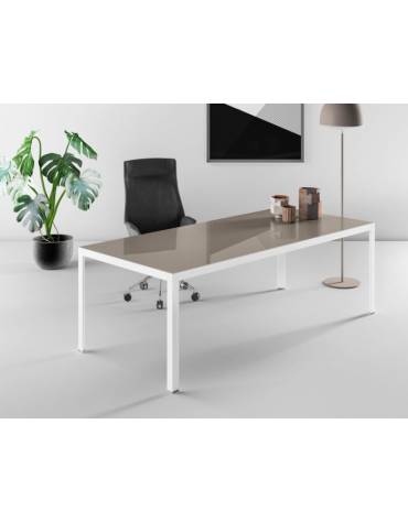 Tavolo riunione con piano in vetro laccato ANTI-IMPRONTA -Gambe in alluminio colore Bianco,Nero o Alluminio-cm 220X100X75H