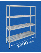 Scaffale per alimenti con montanti in alluminio e 4 ripiani forati in polietilene - cm 200x30x200h - Portata Kg 150 per piano