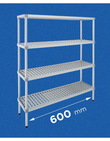 Scaffale per alimenti con montanti in alluminio e 4 ripiani forati in polietilene - cm 60x40x160h - Portata Kg 270 per piano