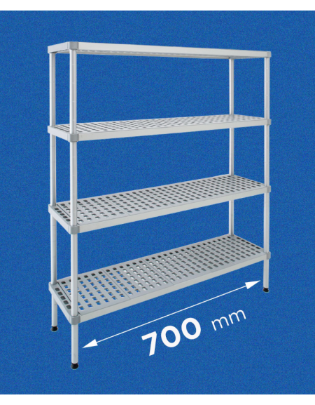 Scaffale per alimenti con montanti in alluminio e 4 ripiani forati in polietilene - cm 70x40x160h - Portata Kg 270 per piano