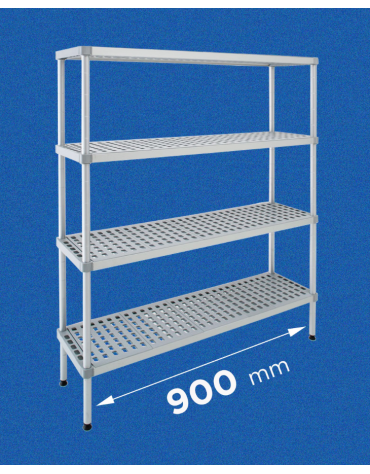 Scaffale per alimenti con montanti in alluminio e 4 ripiani forati in polietilene - cm 90x40x160h - Portata Kg 270 per piano
