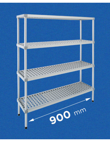 Scaffale per alimenti con montanti in alluminio e 4 ripiani forati in polietilene - cm 90x40x160h - Portata Kg 270 per piano