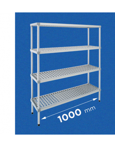 Scaffale per alimenti con montanti in alluminio e 4 ripiani forati in polietilene - cm 100x40x160h - Portata Kg 270 per piano