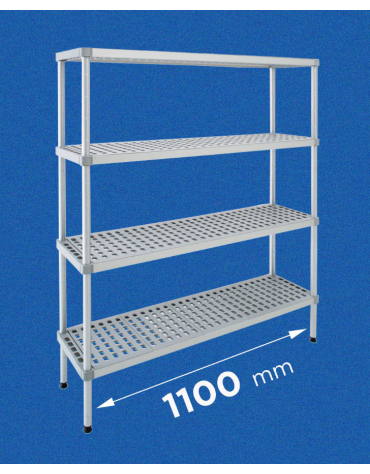 Scaffale per alimenti con montanti in alluminio e 4 ripiani forati in polietilene - cm 110x40x160h - Portata Kg 200 per piano