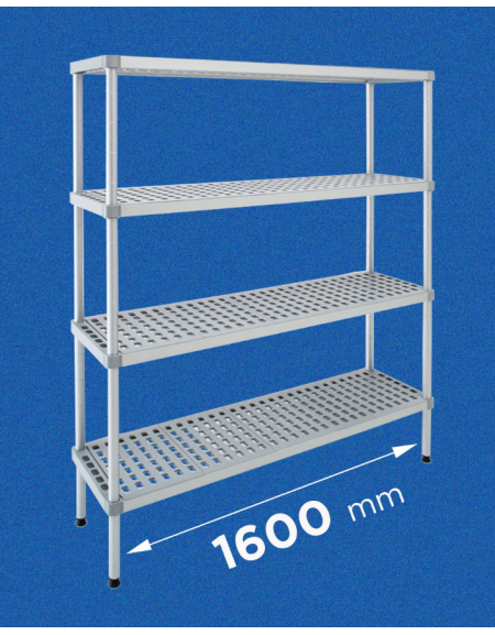 Scaffale per alimenti con montanti in alluminio e 4 ripiani forati in polietilene - cm 160x40x160h - Portata Kg 150 per piano