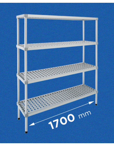 Scaffale per alimenti con montanti in alluminio e 4 ripiani forati in polietilene - cm 170x40x160h - Portata Kg 150 per piano