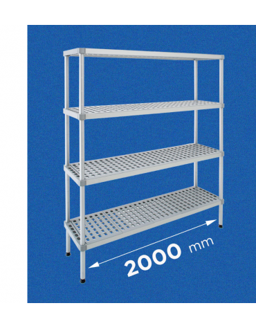 Scaffale per alimenti con montanti in alluminio e 4 ripiani forati in polietilene - cm 200x40x160h - Portata Kg 150 per piano